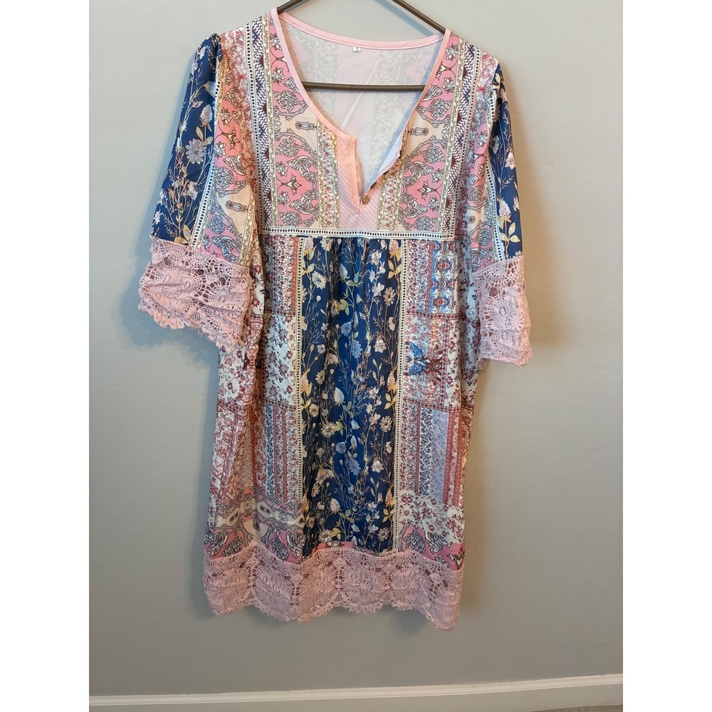 Bohemian Patchwork Lace Trim V Neck Dress Women's Size S Pink Blue‎ Floral